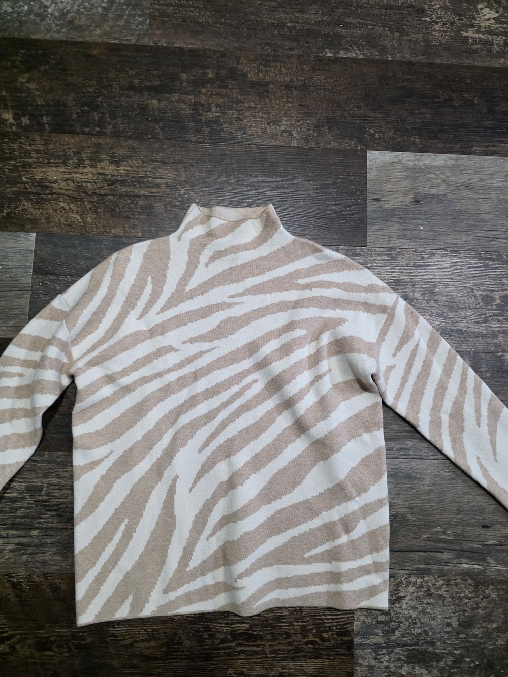 Tahari Neutral Beige and White Stripe Mock Neck Sweater